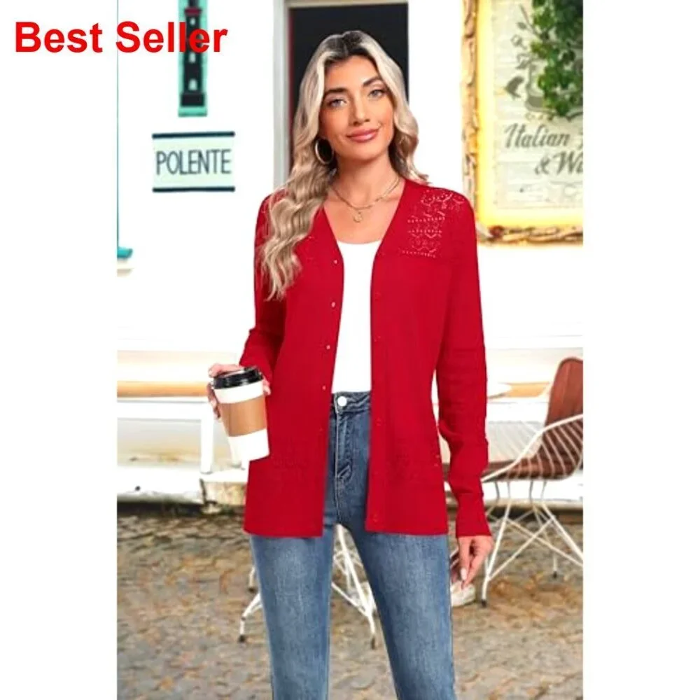 Lightweight V-Neck Cardigan with Crochet Detailing, Long Sleeves, 100% Viscose
